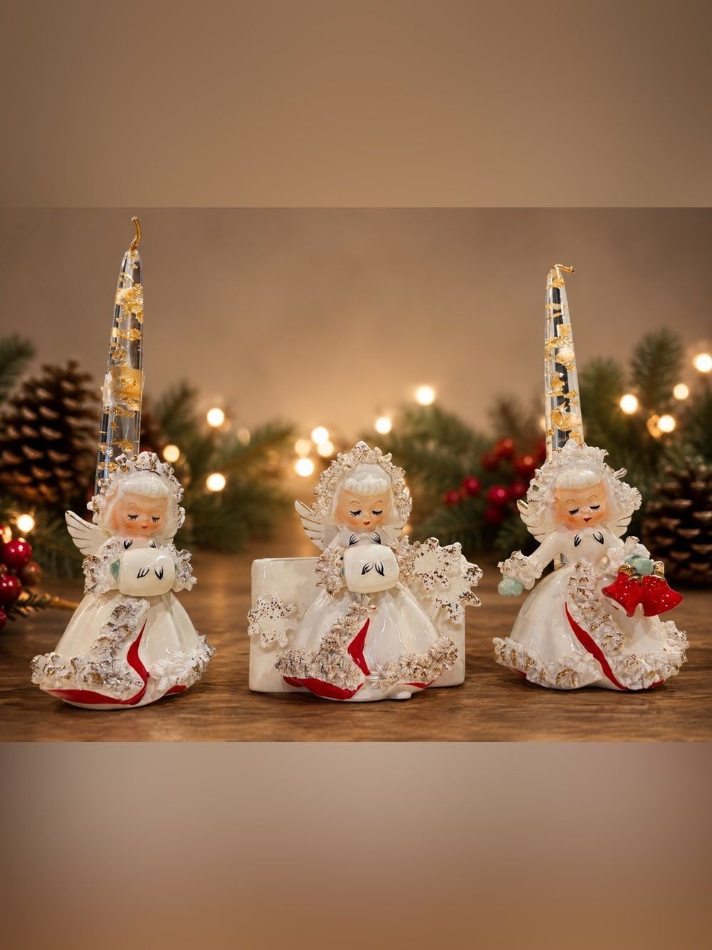 Vintage 1958 HoltHoward Ermine Angel Candle Holders Planter Spaghetti Trim Japan